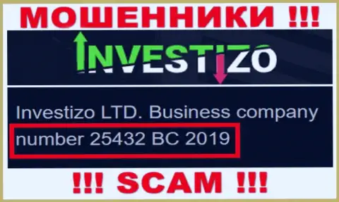 Инвестицо Лтд интернет махинаторов Investizo Com было зарегистрировано под этим рег. номером: 25432 BC 2019