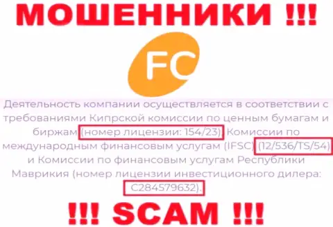 Приведенная лицензия на веб-сервисе FC Ltd, не мешает им присваивать финансовые активы лохов - это ШУЛЕРА !!!